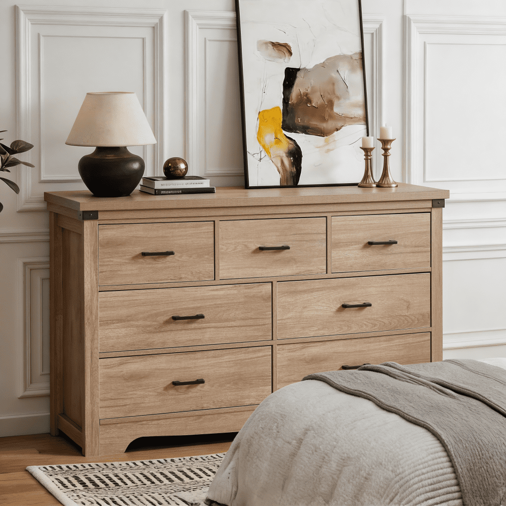 ABOURT Rustic Oak 7 Drawer Dresser for Bedroom, Farmhouse Wood Chest of Drawers with Metal Handles and Thickened Top for Closet and Living Room