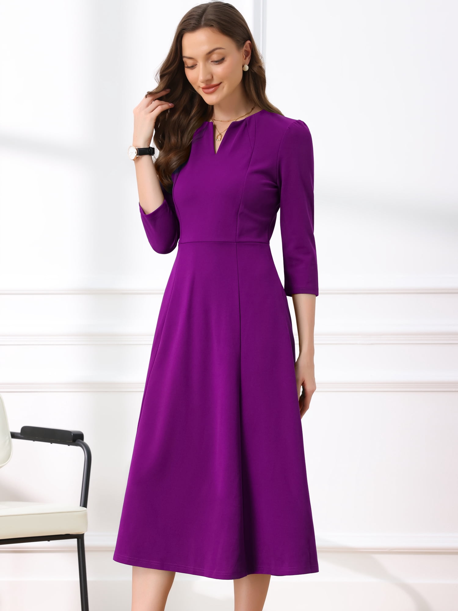 DARING DIVA Women's 3/4 Sleeve V Neck A-Line Midi Dress with Pockets M Dark Purple