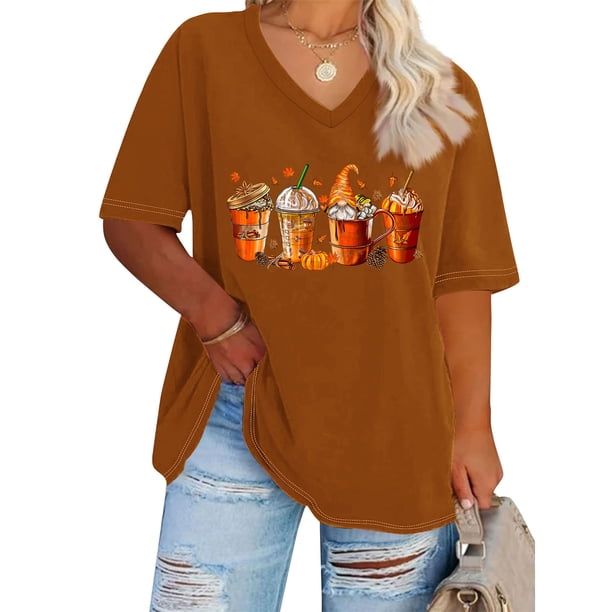 Puntoco Camiseta básica de verano de color liso con mangas cortas y cuello en V grande con diseño de calabaza de Acción de Gracias para mujer