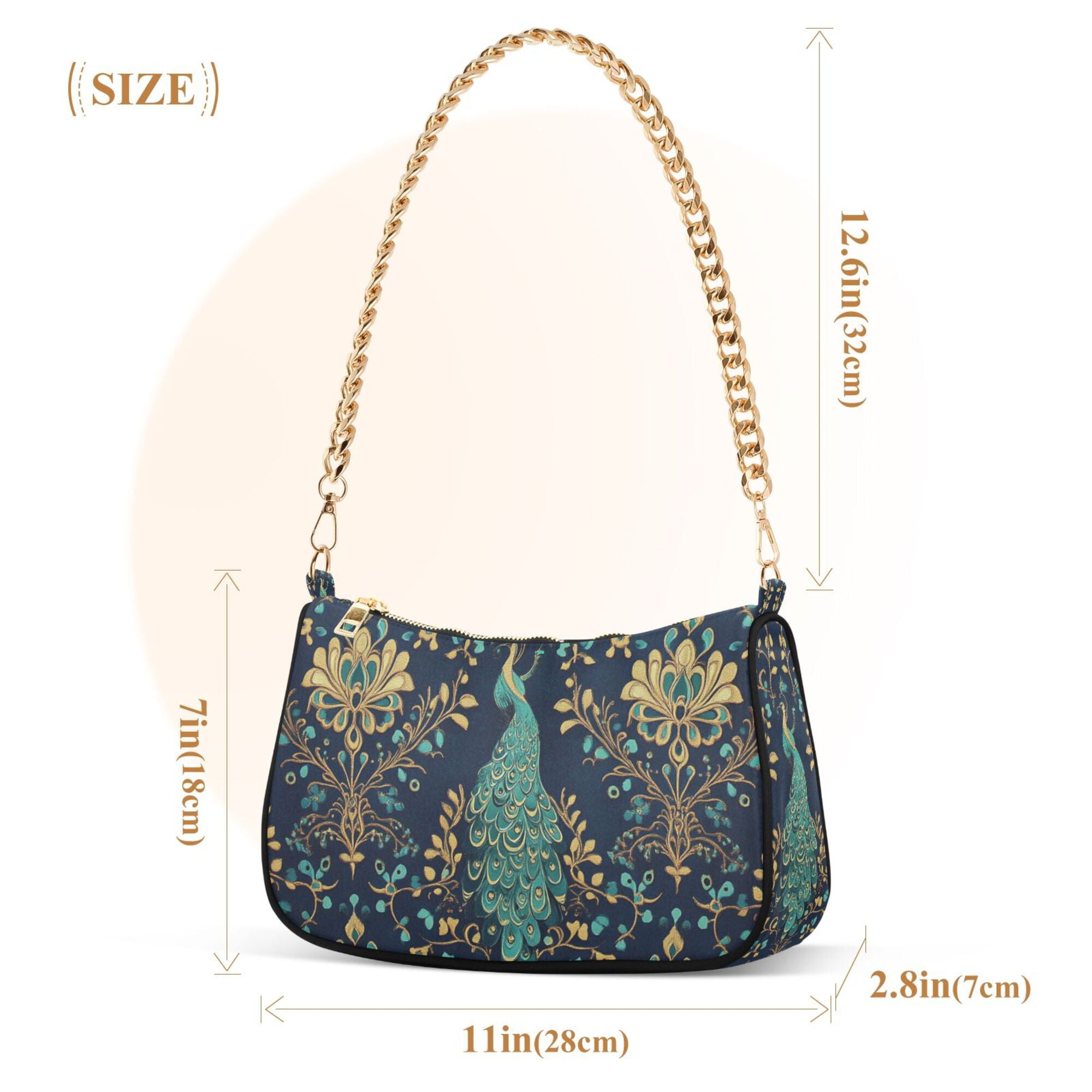 FORMRS Womens Shoulder Bag with Chain Strap Clutch Purse Cute Tote Handbag, Navy Blue Peacock Pattern