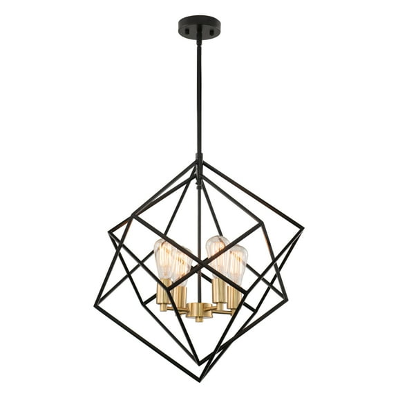 Geometric Pendant Light - 4 Light Cage Design - Black & Brass Finish - Adjustable Hanging Lamp