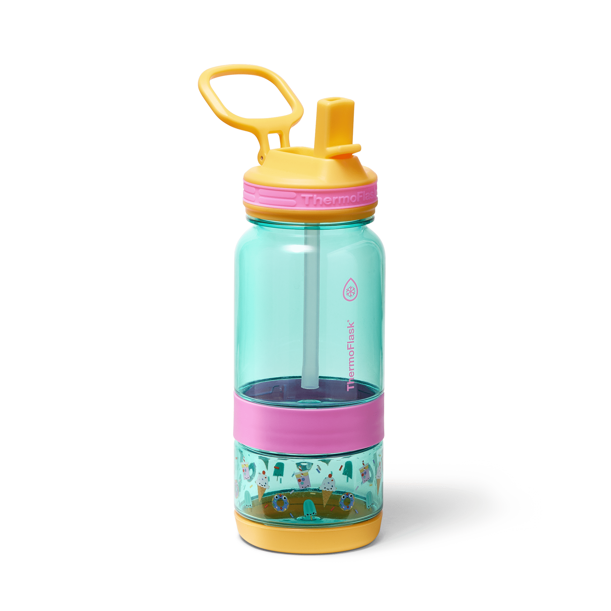 ThermoFlask 14 oz 2-in-1 Snack and Sip Durable Tritan Bottle with Integrated Snack Cup Compartment - Leakproof Folding Straw Lid - Protective Bumper - Sweet Treats Design