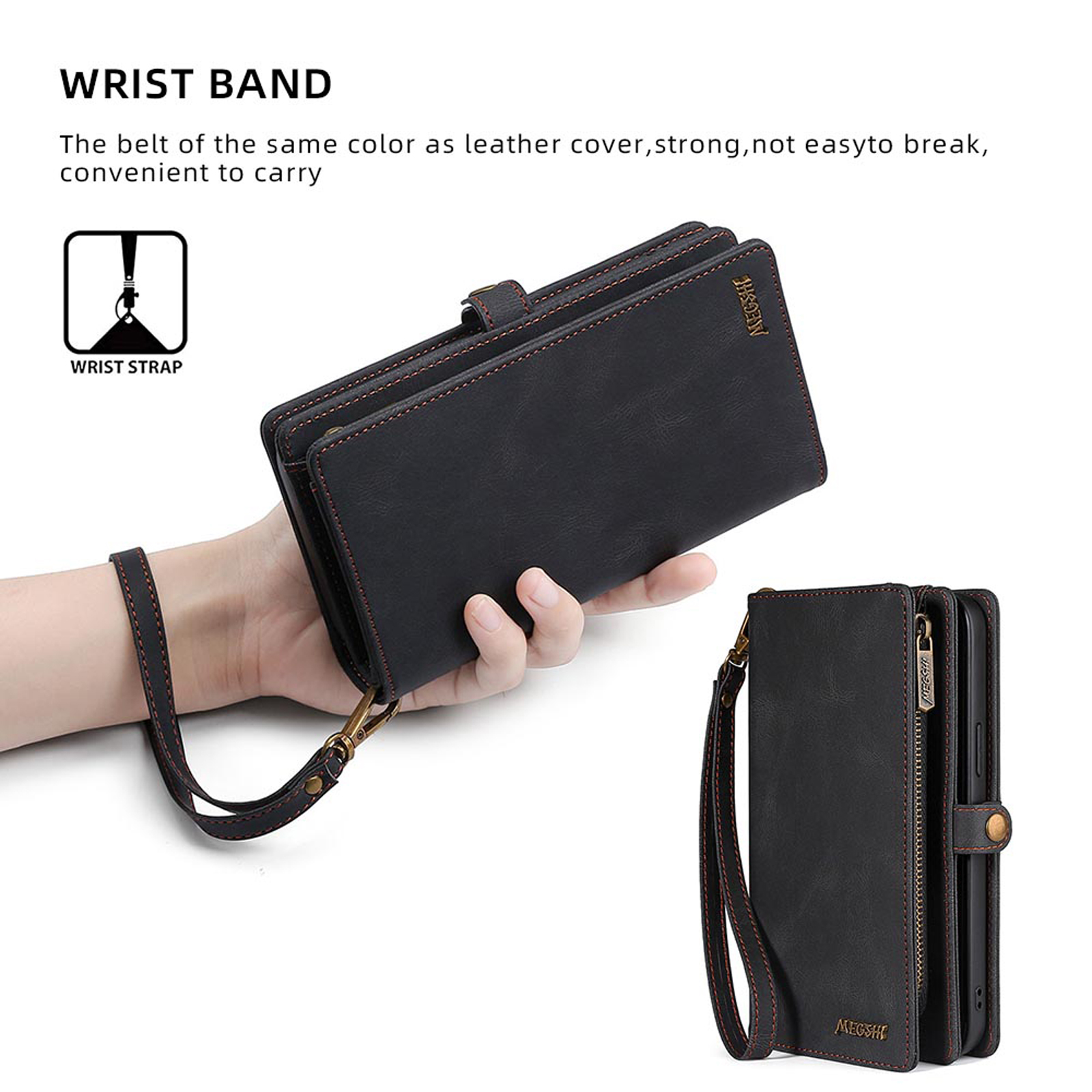 for Samsung Galaxy S24 Case for Women Men, Removable Durable PU Leather Magnetic Flip Strap Wristlet Zipper Purse Card Holder Detachable Wallet Phone Cases for Samsung Galaxy S24, Black