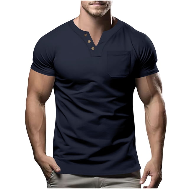 Bajo Camisas para Hombres Color Sólido V-Cuello Botón Manga Corta, Casual Turndown Cuello Blusa para Diario