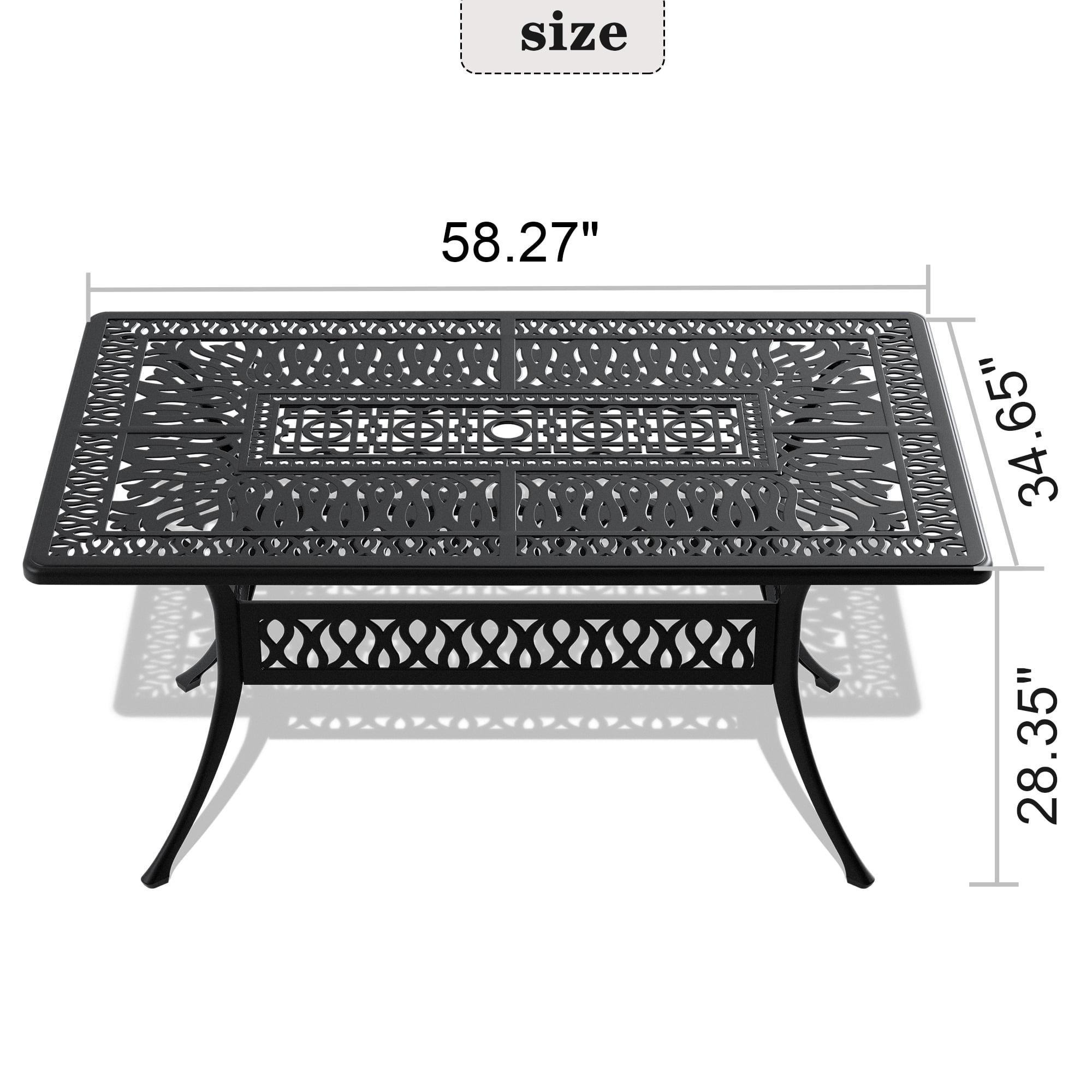 Patio Dining Table With Black Frame and Umbrella Hole, 58.27L * 34.65W inch Cast