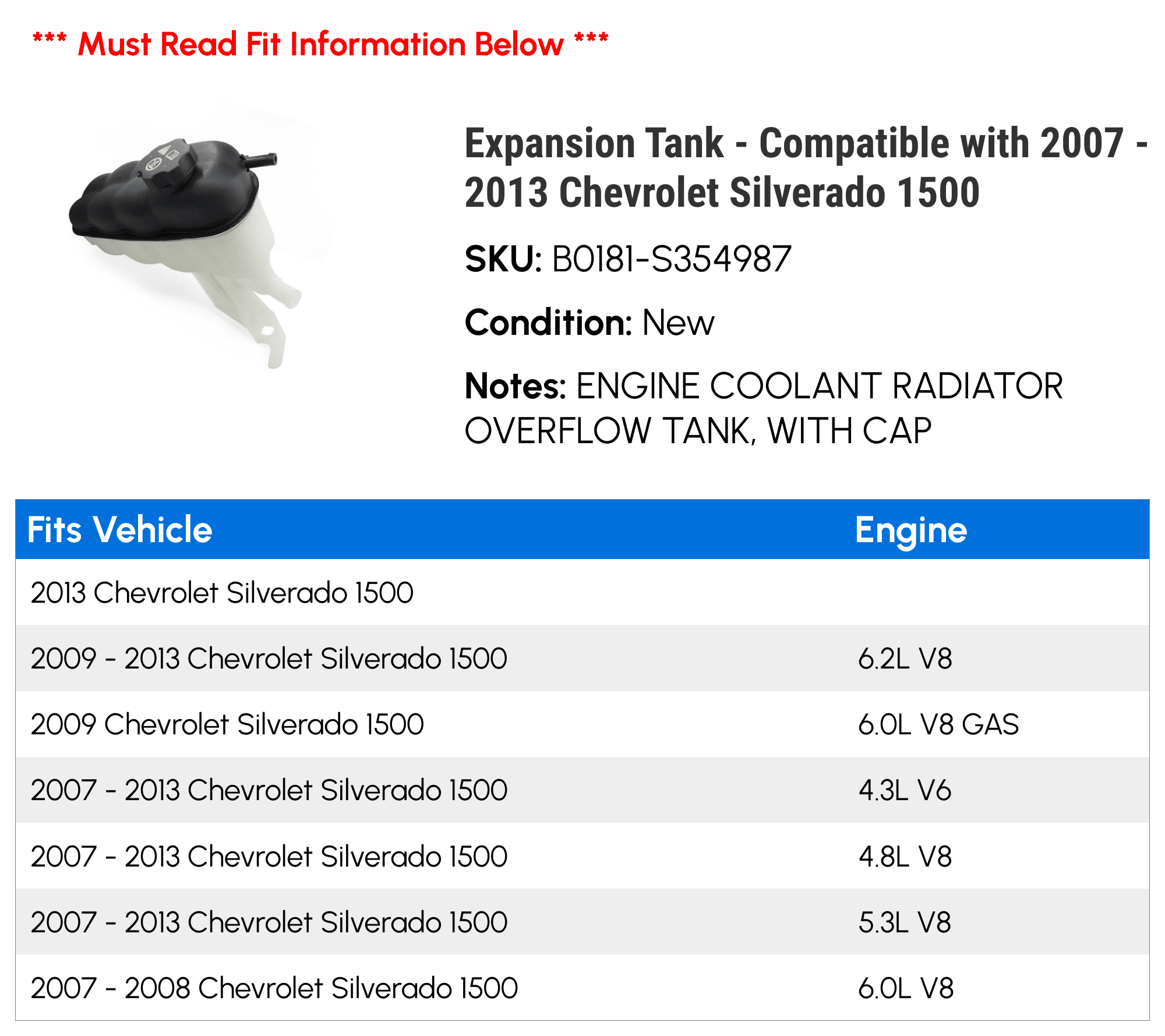 Expansion Tank - Compatible with 2007 - 2013 Chevy Silverado 1500 2008 2009 2010 2011 2012