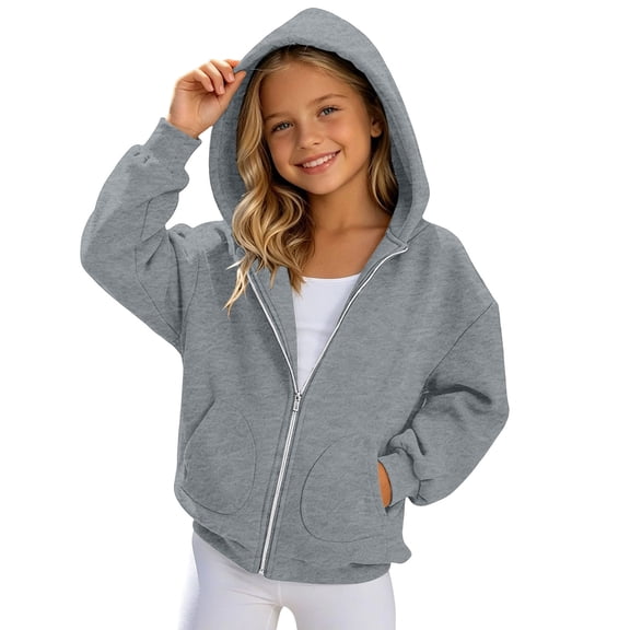 WQNVRNR Girls Zip up Hoodie- Warm Long Sleeve Loose Casual Kids Fall Sweatshirt Jackets Gray Size 5-14