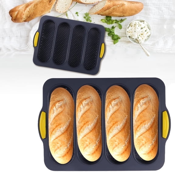 Silicone Bread Pan, 4 Slot Sub Roll Baking Mold for Hoagie Rolls, Hot Dog Buns & French Baguette, Nonstick Surface, 13.4x9.5 in