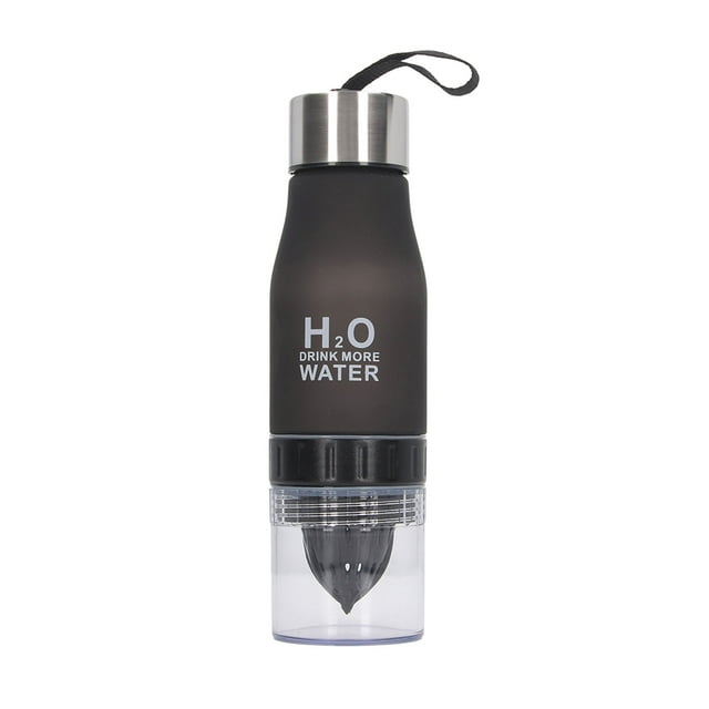Exprimidor de limón con infusor de frutas, botella de agua portátil a prueba de fugas para viajes al aire libre para hombres y mujeres, 650 ml, color negro