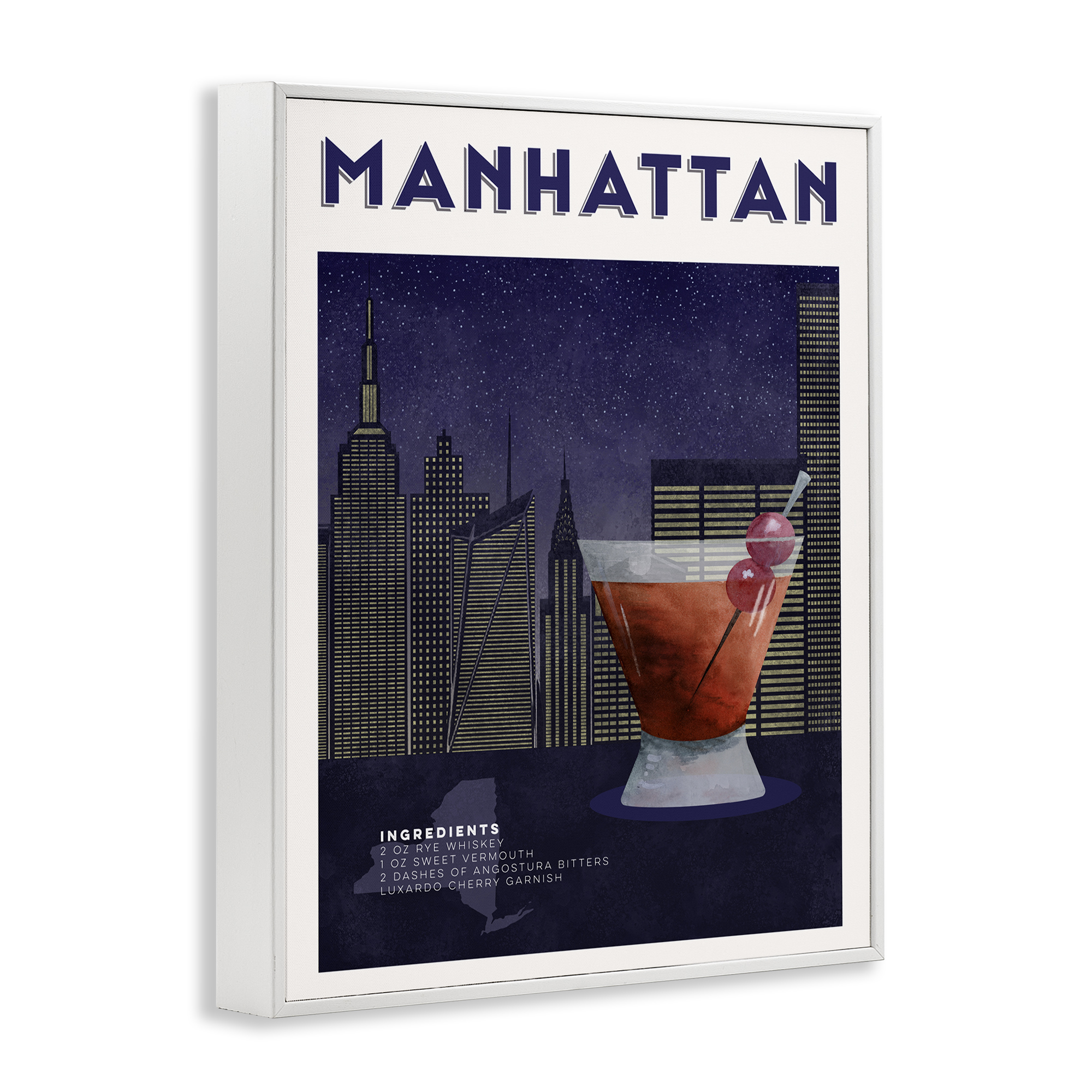 Retro Manhattan Cocktail Cityscape White Framed Giclee Art, design by Brett Blumenthal