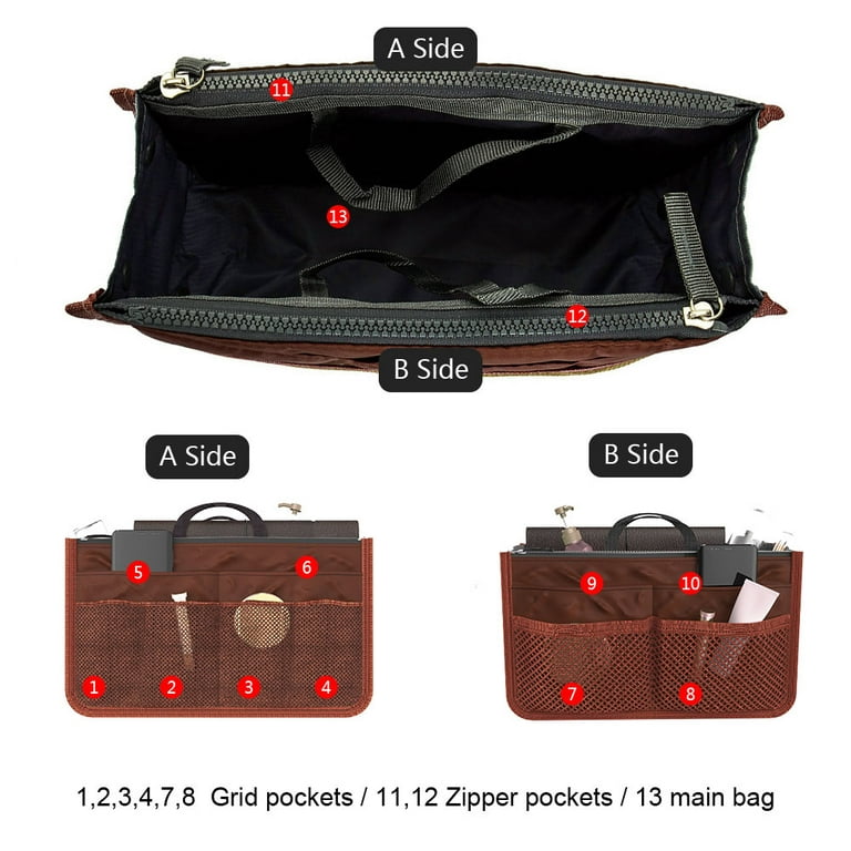 Vercord Premium Nylon Purse Organizer Tote Handbag Insert Organizers Bag in  Bag Zipper 13 Pockets Black Small