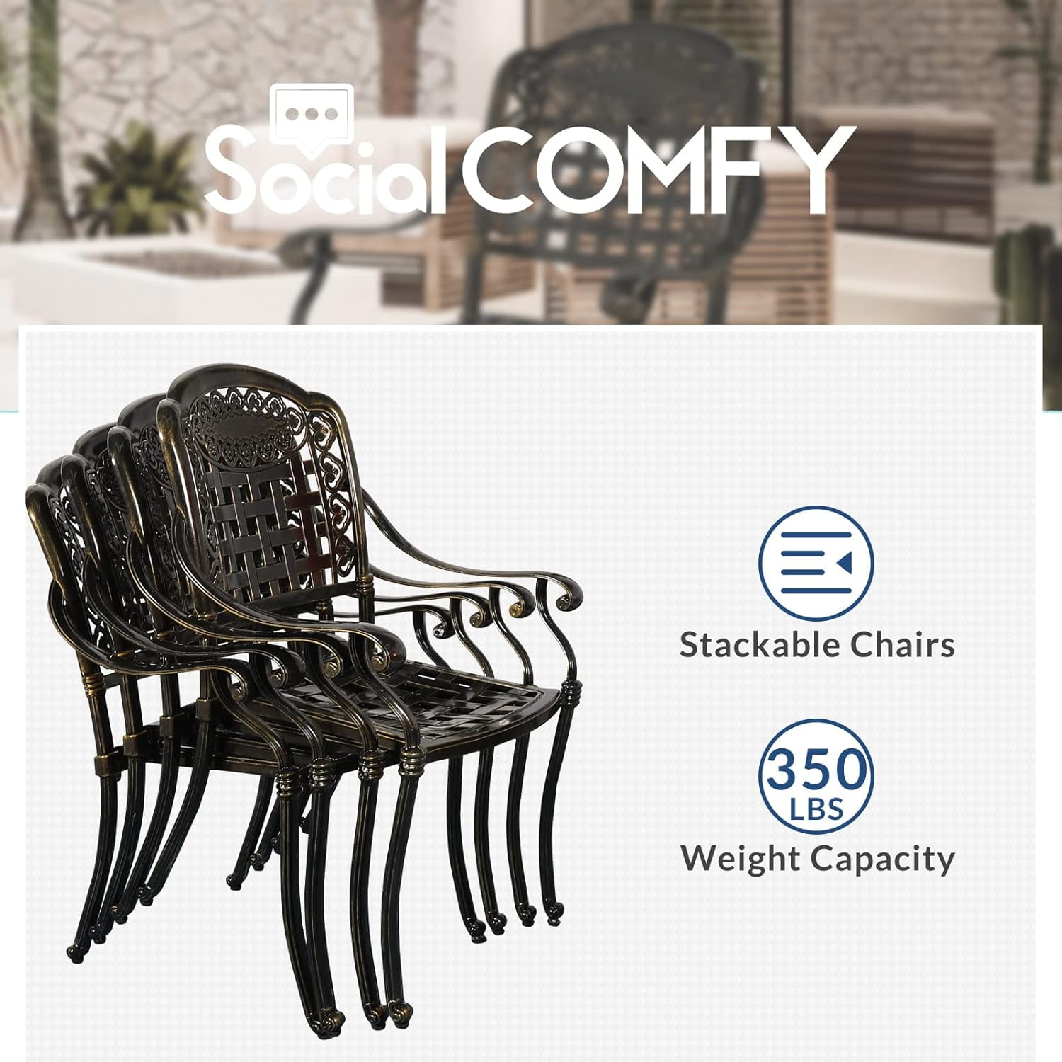 Socialcomfy 5 Cast Aluminum All-Weather Outdoor Conversation Sets, Bronze/Khaki