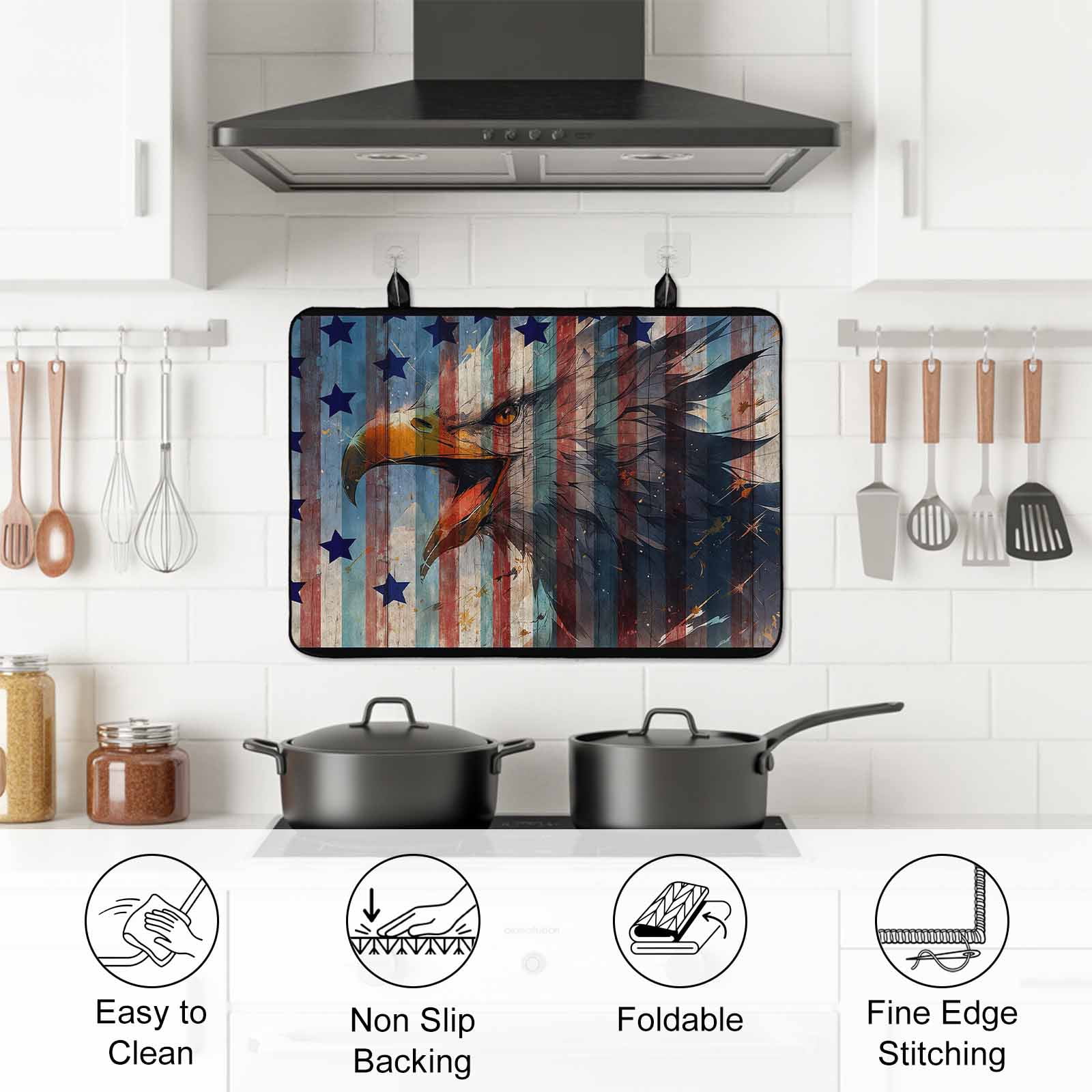 Eagle Stove Top Cover for Electric Stove, Heat-proof & Non Slip Glass Top Stove Cover Protector, American Flag Blue Star Red Blue Striped Vintage Wooden Kitchen Flat Cooktop Rubber Mat 24x21 Inches