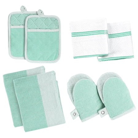 Casa Platino Kitchen Set Pack of 8 Oven Mitts Pot Holders Pad and Towel Set Cute Kitchen Starter Set Short Oven Mitts and Kitchen Hand Towels and Dish Cloths Sets - Sage