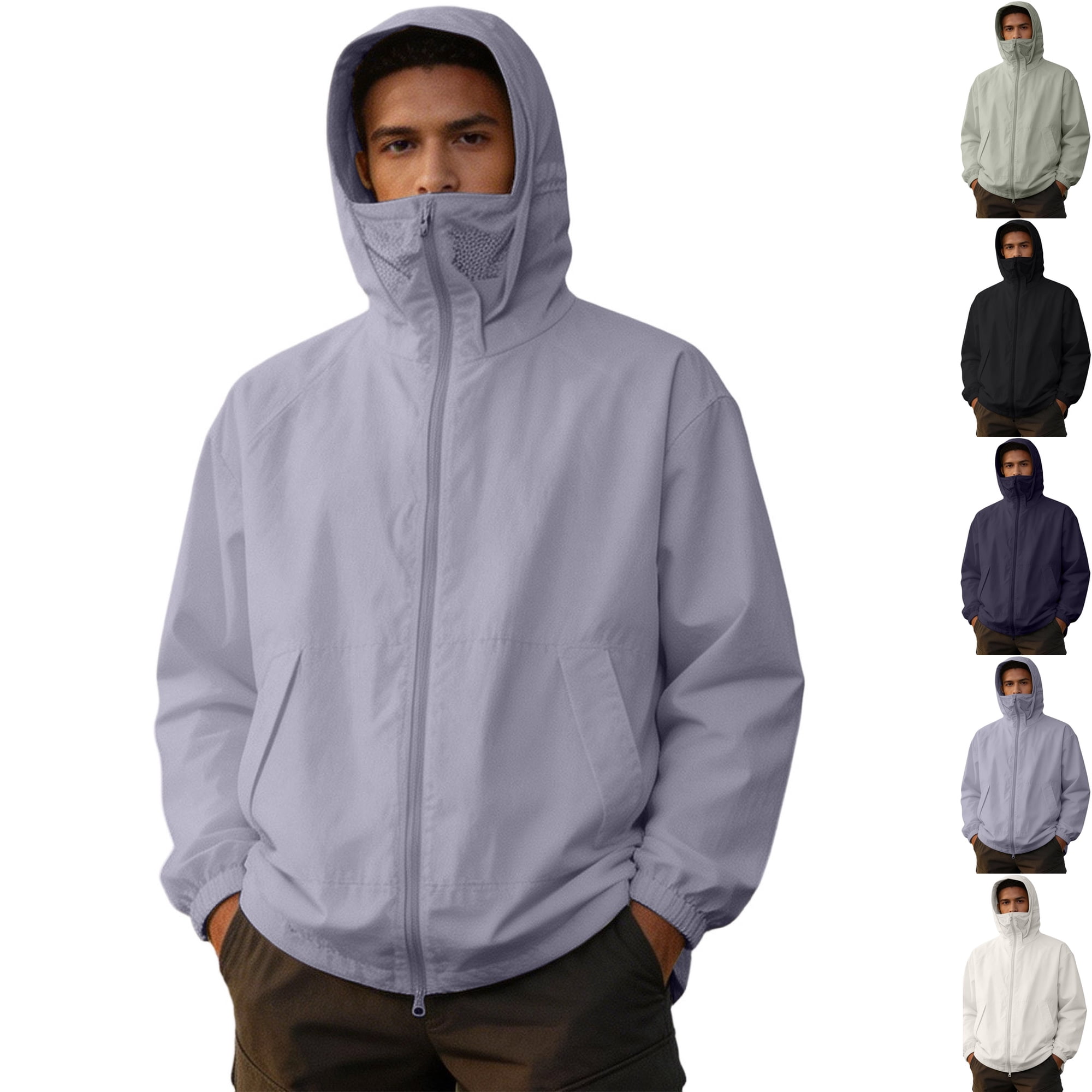 Mens Sun Protection Full Zip Hoodie with Neck Gaiter Face Mask Quick Dry Fishing Jacket for Boating Cruise Workout Training with Zip Pockets Purple L