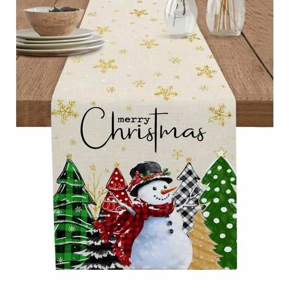 Ldtrchee Rustic Christmas Table Runner 72 Inches, Xmas Snowman Snowflake Tree Green Bed Runner Dresser Scarves Tabletop for Indoor Outdoor Parties/Ceremony/Banquet, 13" x 72"