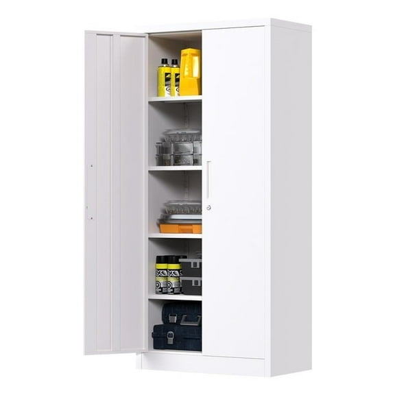 Pemberly Row Metal Storage Cabinet w/ Locking Doors & Adjustable Shelves - White
