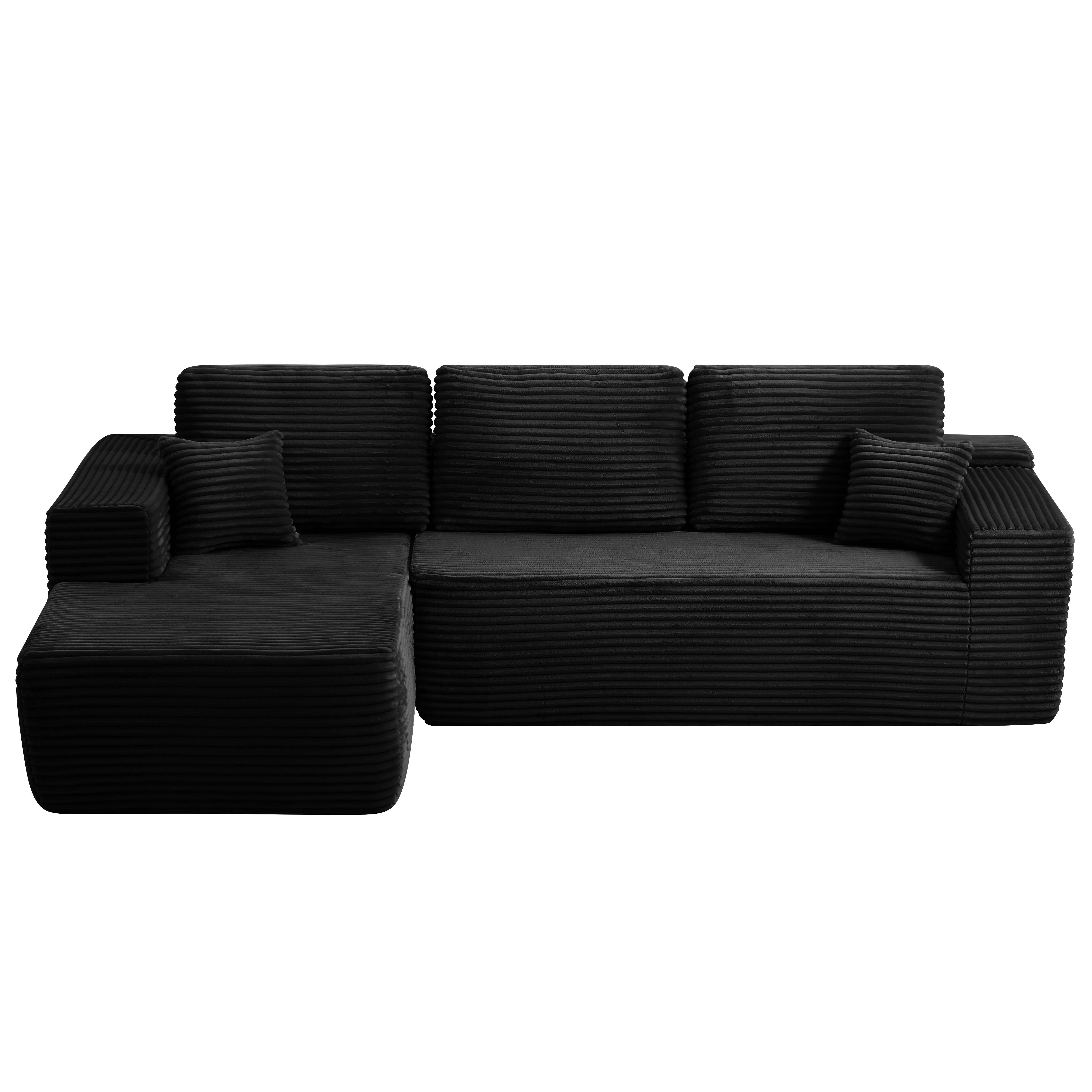 MAYEERTY 104 Inch Black Cloud Sectional Sofa, L-Shaped Left-Facing Modular Plush Corduroy Couch with Side Pockets, 3-Seater Deep Seating Sofa No Assembly Required for Living Room Bedroom