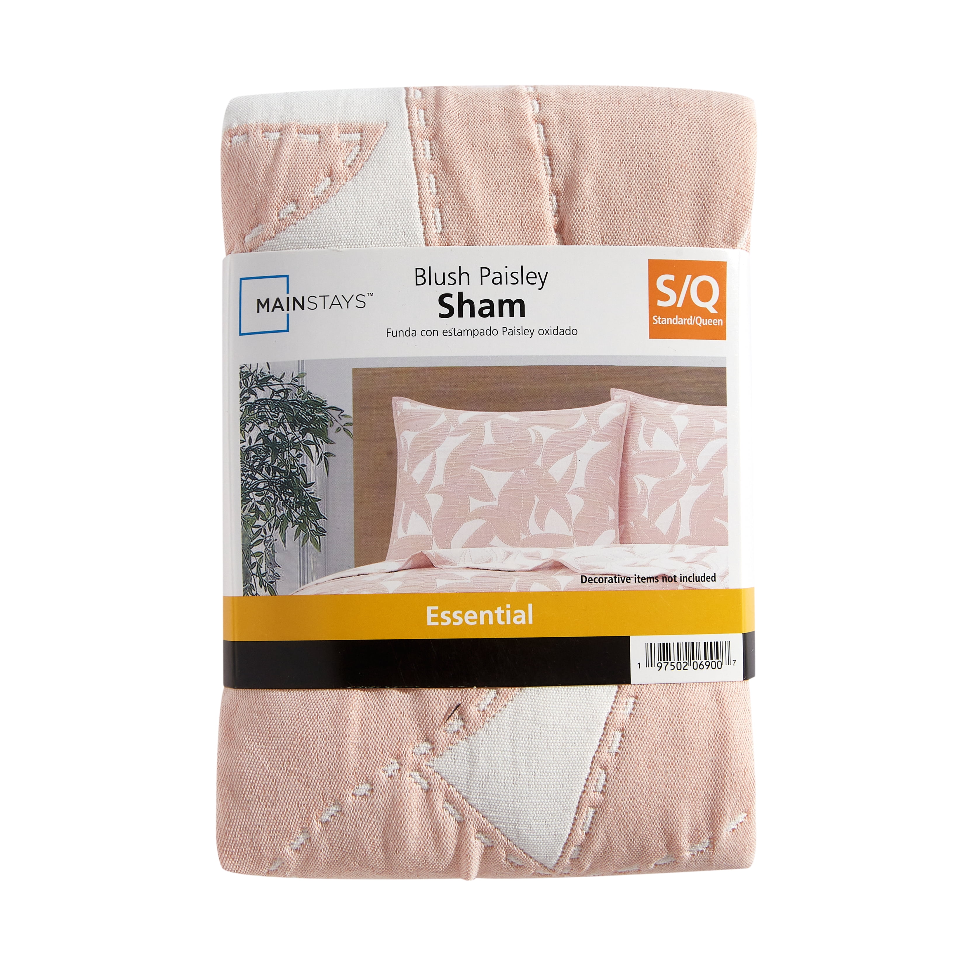 Mainstays Iris Leaf Stitched Pillow Sham, Standard, Blush Pink, 1 Pack