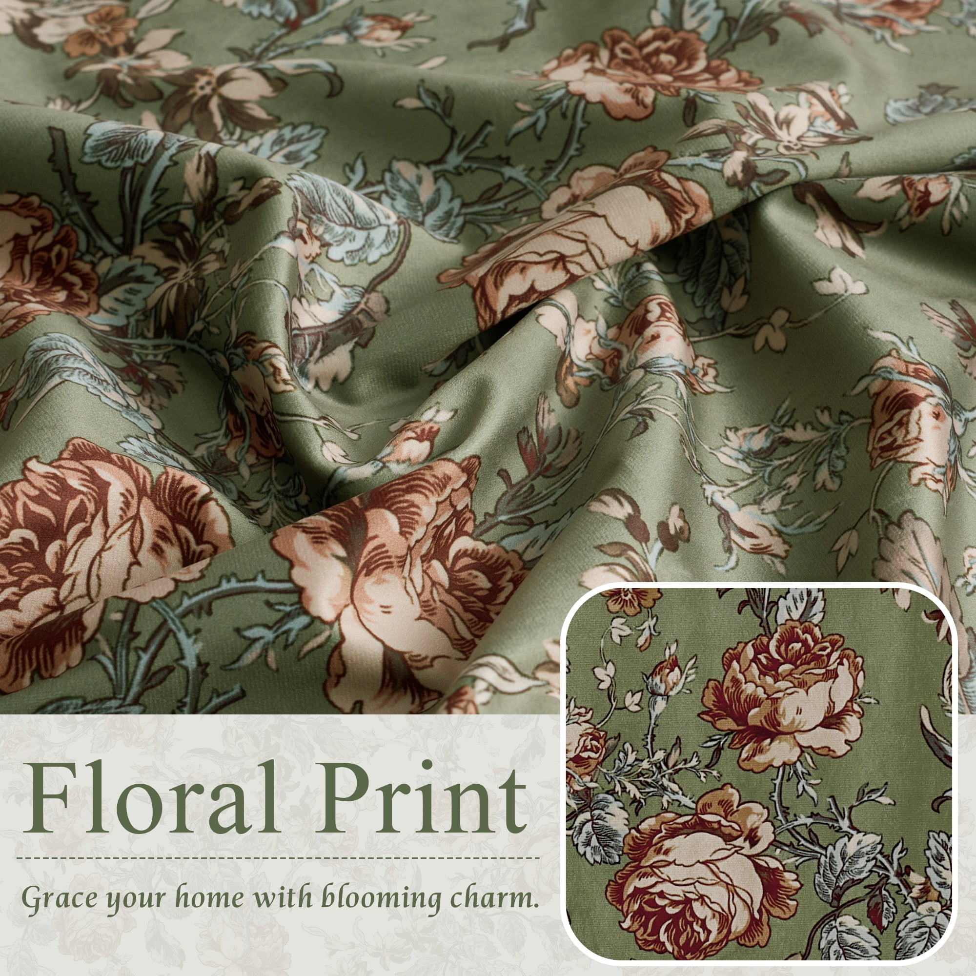 StangH Green Floral Curtains for Living Room, Soft Velvet Peony Print with Cottage Privacy Window Drapes for Living Room, Sage Green, W52 x L84, 2 Panels