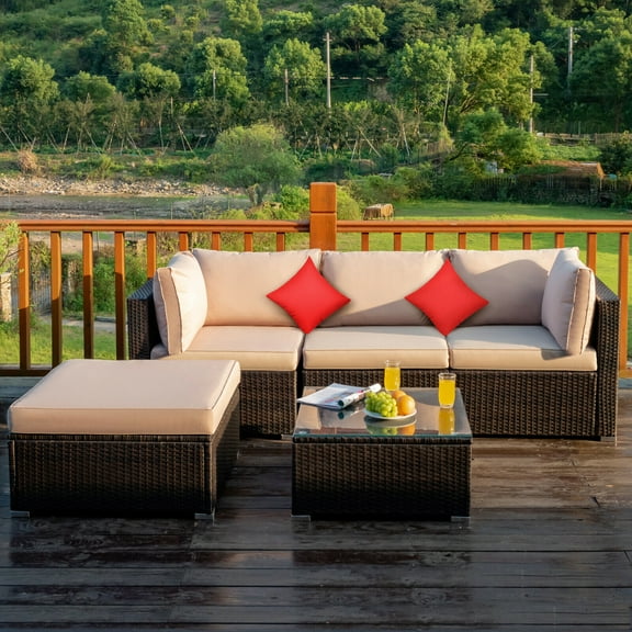 Gymax 5PCS Rattan Sectional Sofa Set Patio Furniture Set w/ Beige Cushion Pillow