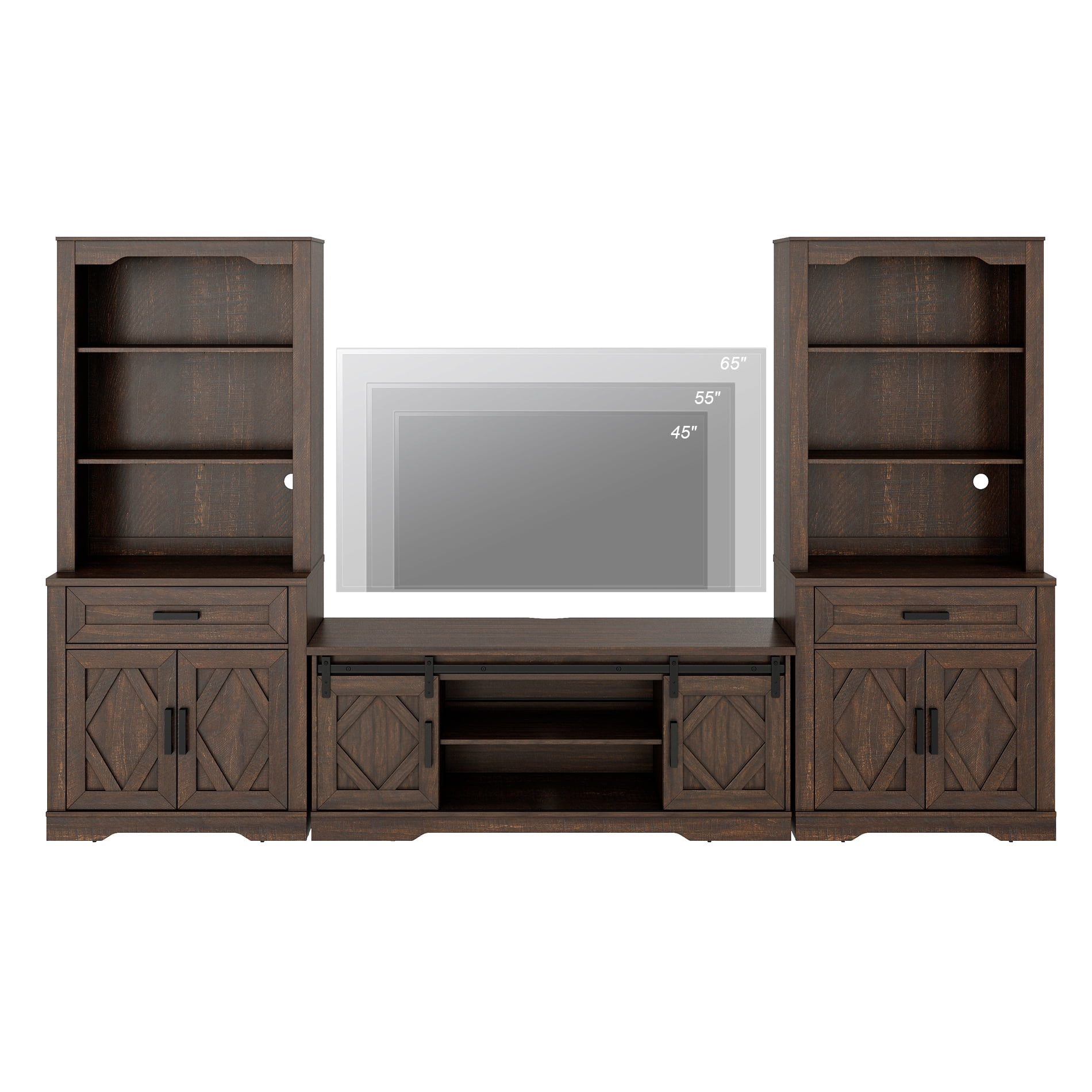 WAMPAT Farmhouse Entertainment Center with Bookshelf for TVs up to 65",Mid Century Modern TV Stand with 73"H Tall 5-Tier Bookcase with Open Storage and Barn Doors for Living Room,Rustic Brown
