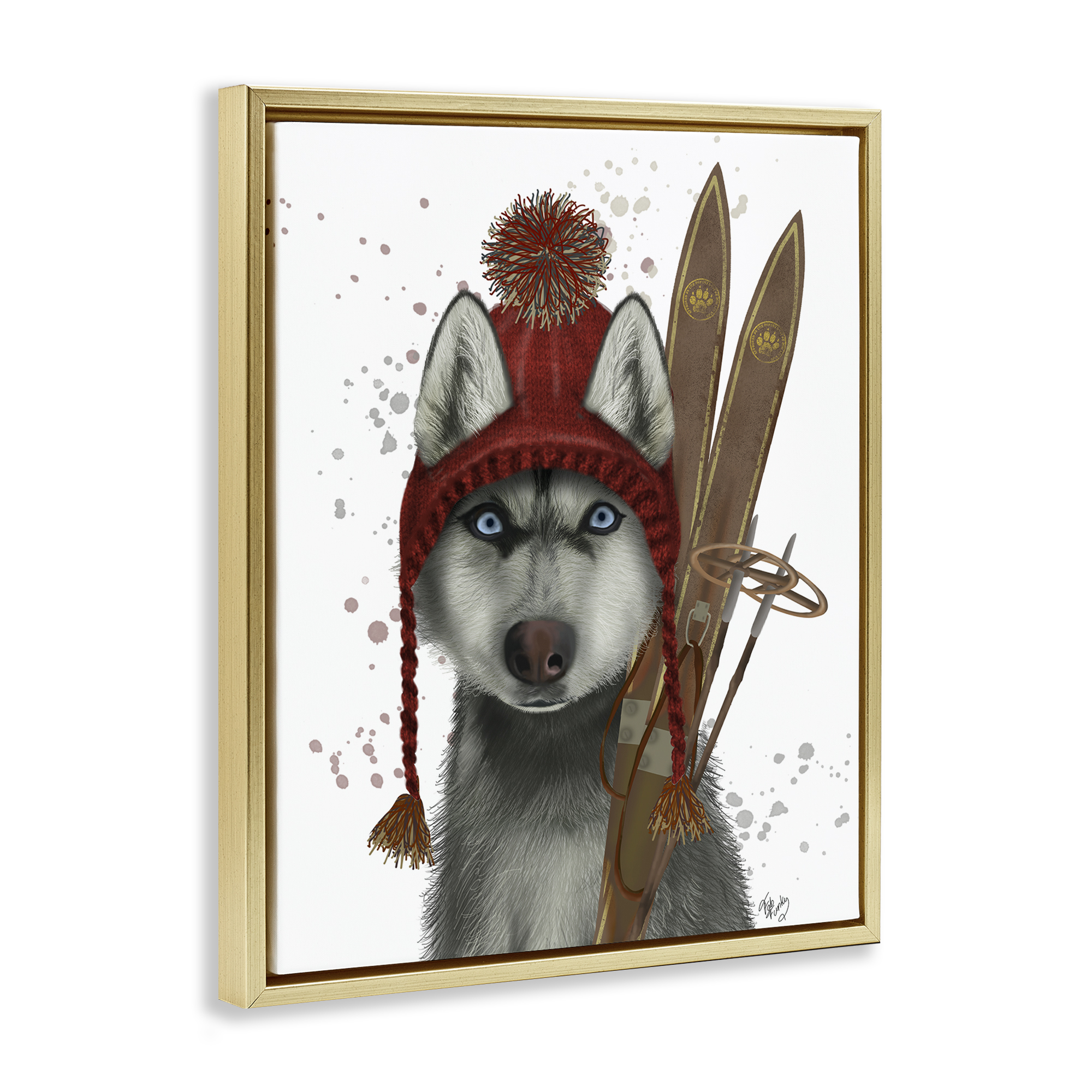 Stupell Industries Husky with Winter Skis Animals & Insects Painting Gold Floater Framed Canvas Art Prints Wall Art, 17 x 21