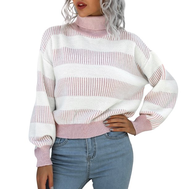 Suéter de rayas con mangas de murciélago y cuello alto de punto para mujer Abanopi Rosa/Grande