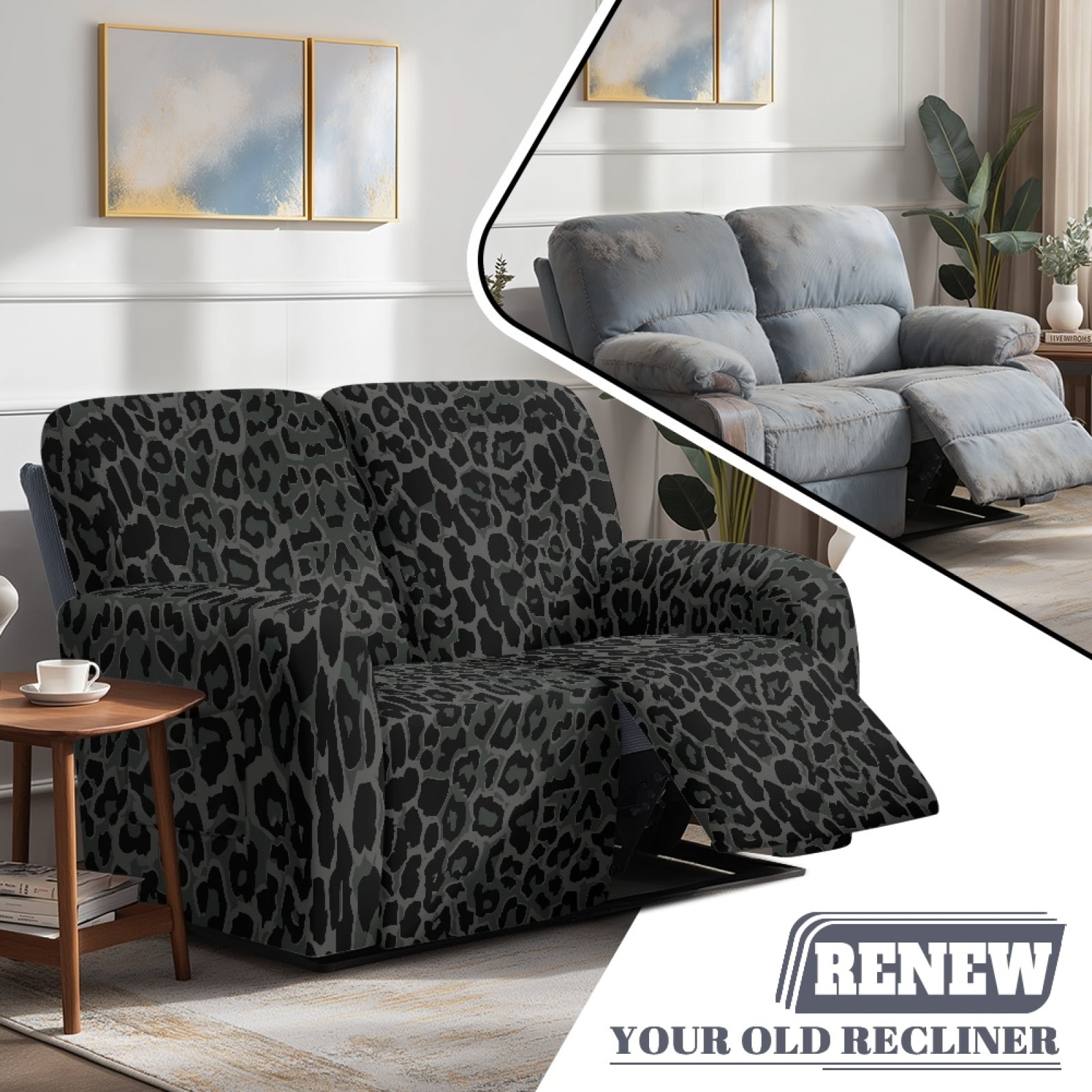 Xoenoiee Black Leopard Print Reclining Loveseat Slipcover, Washable 6-Piece Velvet Stretch Sofa Covers, Soft 2 Seat Loveseat Recliner Cover