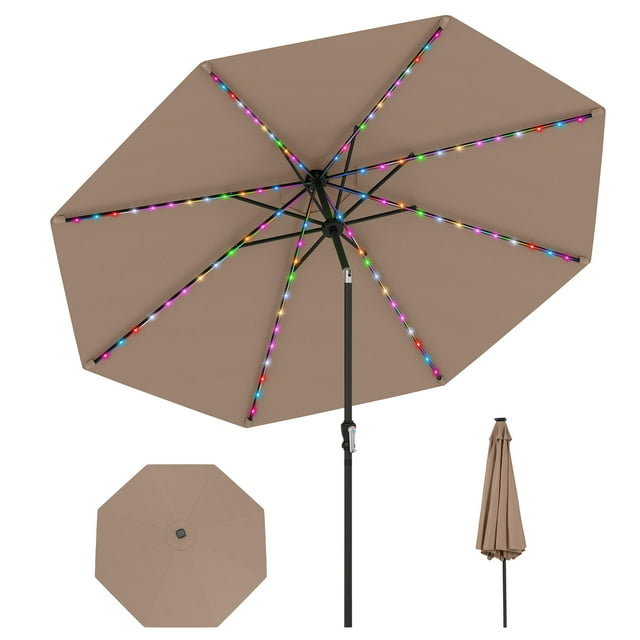 Gymax 10 FT Solar Patio Umbrella w/96 Multi-colored LED Lights & 9 Modes Vented Top Coffee