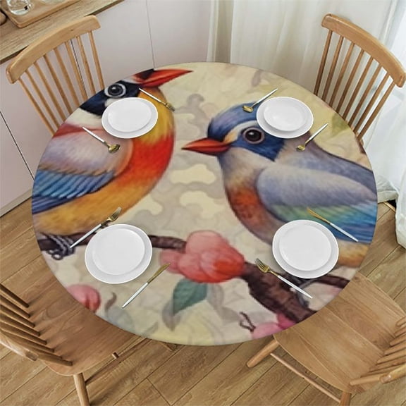 BANET Fitted Round Tablecloth Watercolor Birds,Bird Painting Flowers Table Cover,Elastic Edged Table Cloth Fits Round Tables 31"-35