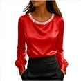 thumbnail image 5 of Women's Satin Long Sleeve Round Neck Top Blouse Shirt with Pearl Embellishment Solid Color Elegant Commuting Work Office Business Casual Outfits Fashion Essential Gift for Women, 5 of 9