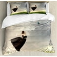 thumbnail image 1 of Butterfly Duvet Cover Set Queen Size, Poetry Bleak Weather Day Tulle Dress Jumping Girl with Butterflies, Decorative 3 Piece Bedding Set with 2 Pillow Shams, Pale Grey and Olive Green, by Ambesonne, 1 of 3