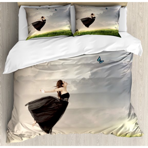 Butterfly Duvet Cover Set Queen Size, Poetry Bleak Weather Day Tulle Dress Jumping Girl with Butterflies, Decorative 3 Piece Bedding Set with 2 Pillow Shams, Pale Grey and Olive Green, by Ambesonne