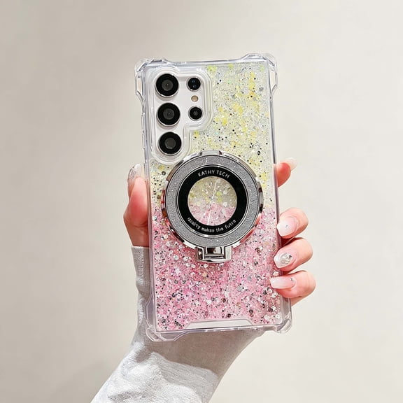 For Samsung Galaxy S26 Phone Case, Holographic Sparkle Glitter Case with Kickstand, Girls Women Bling Diamond Ring Protective Color Contrast Case for Samsung Galaxy S26 ,Yellow Pink