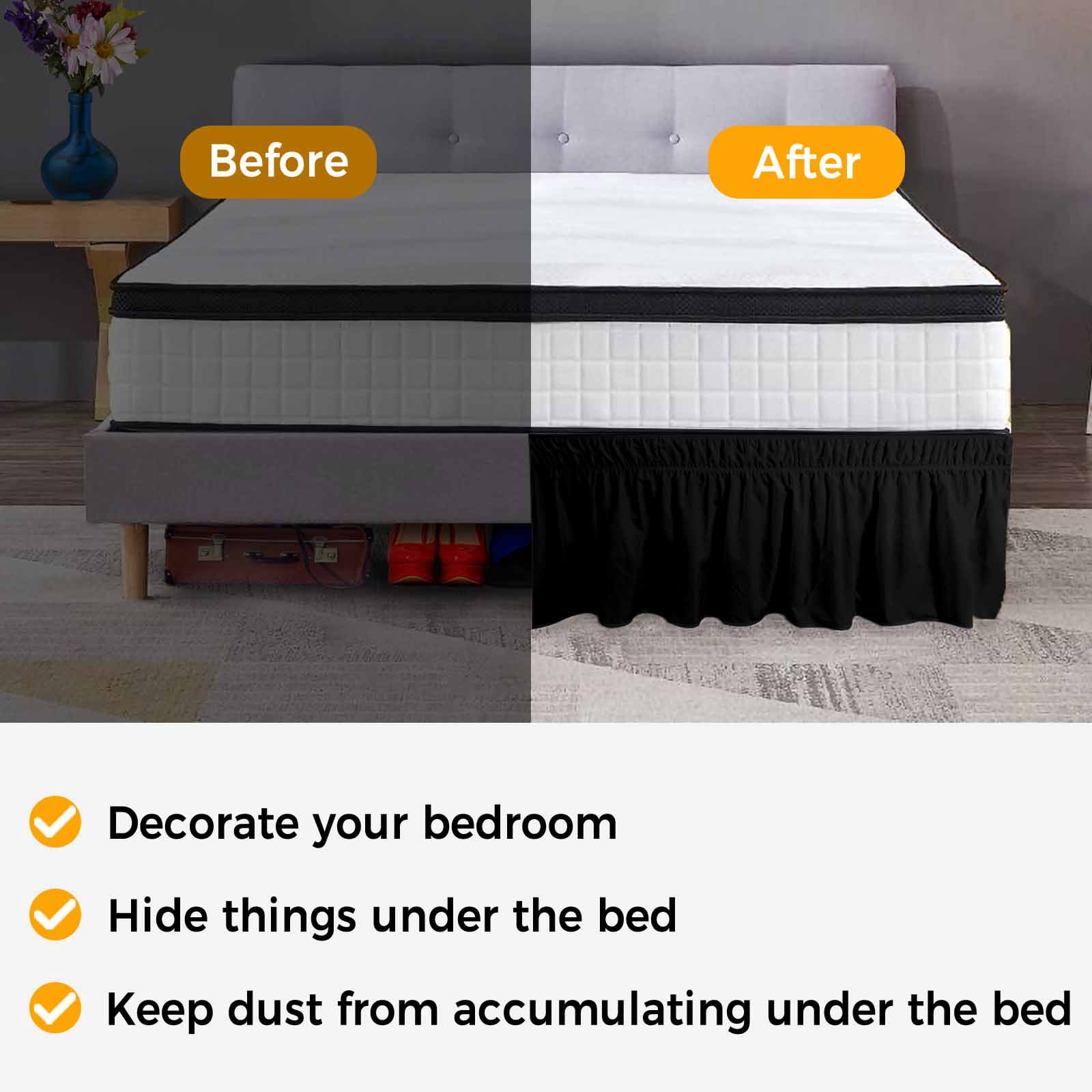 Bed Skirt Black Adjustable Elastic Wrap-Around Dust Ruffle with Solid Color 16 Inch Drop, Bed Frame Cover for King Size Bed