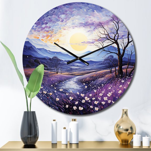 Designart "Pointillism Dot Art of the Violets Field I" Floral Oversized Wall Clock