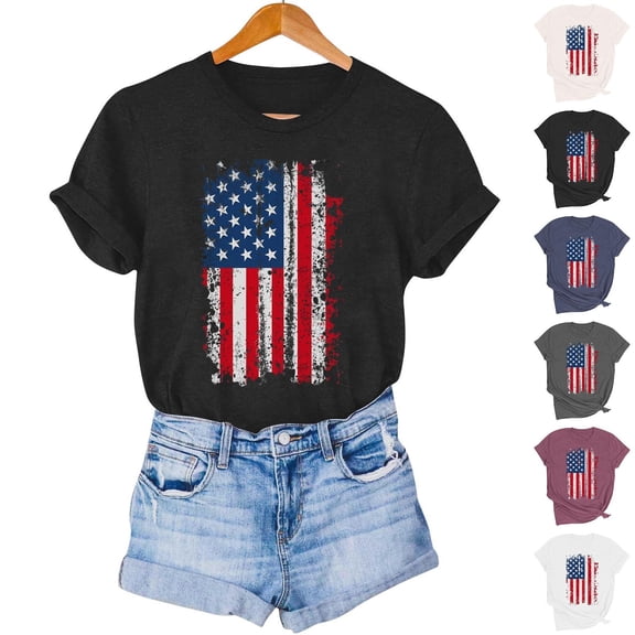 Goodtrade8 Womens Short Sleeve Shirts Summer Casual Pullover USA Years Anniversary Red White and Blue Fourth of July Patriotic Crew Neck Graphic Shirts for Women Independence Day
