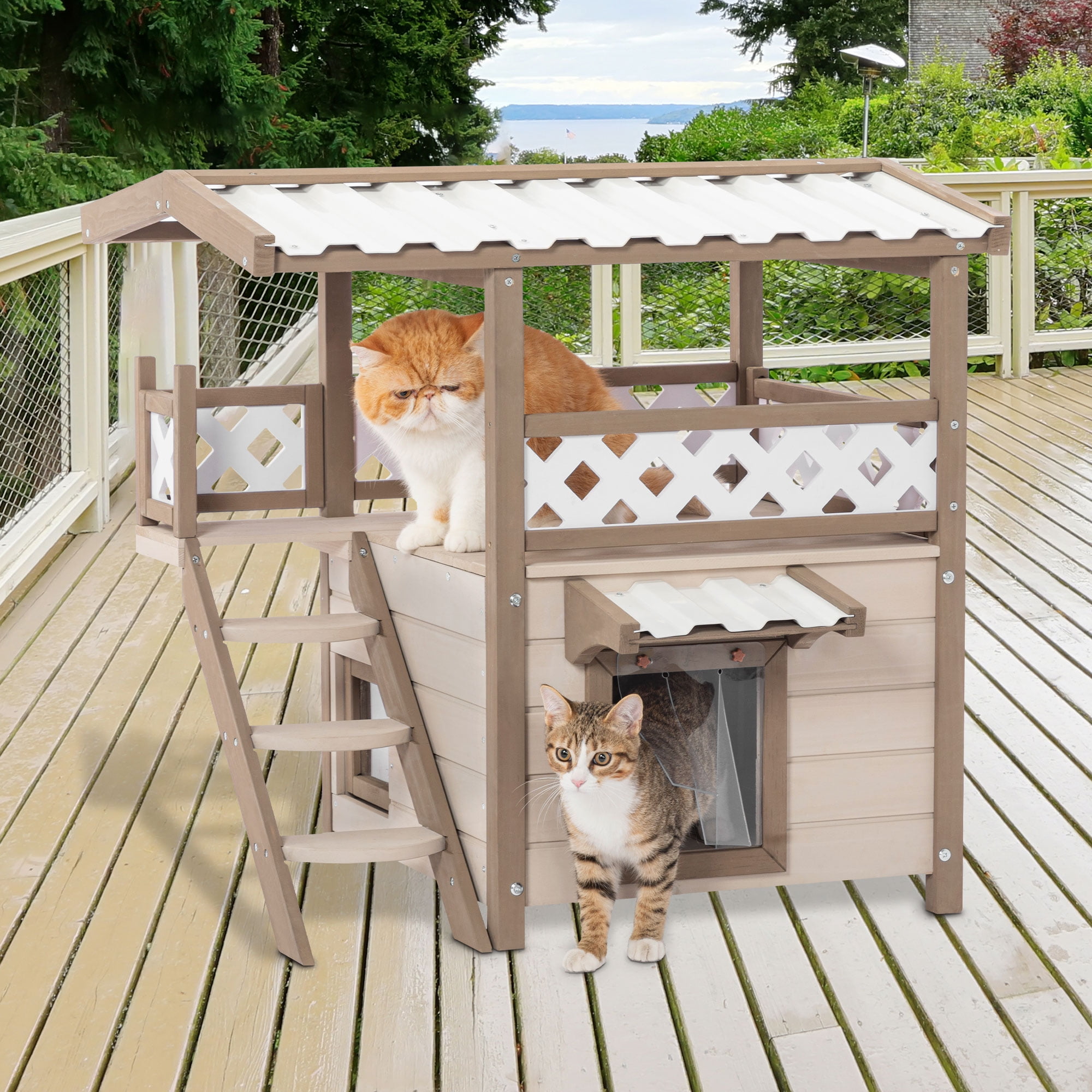 Pefilos 29" Outdoor Cat House Feral Weatherproof Cat Shelter, Outside 2 Story Wood Cat Condo with Ladder, Beige Pefilos 29" Outdoor Cat House Feral Weatherproof Cat Shelter, Outside 2 Story Wood Cat Condo with Ladder, Beige