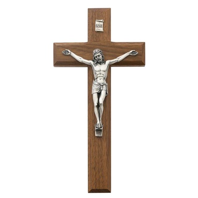 McVan 79-70 8 in. Beveled Walnut Stain & Silver Crucifix