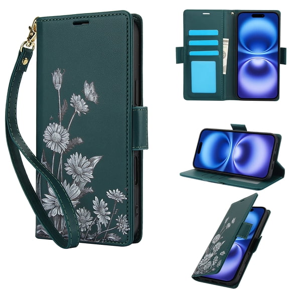 for iPhone 15 Pro Case with Floral PU Leather, RFID Blocking Card Slots, Kickstand Magnetic Closure Drop Protection Wristband Wallet Phone Cover for Women Girls for iPhone 15 Pro, Green