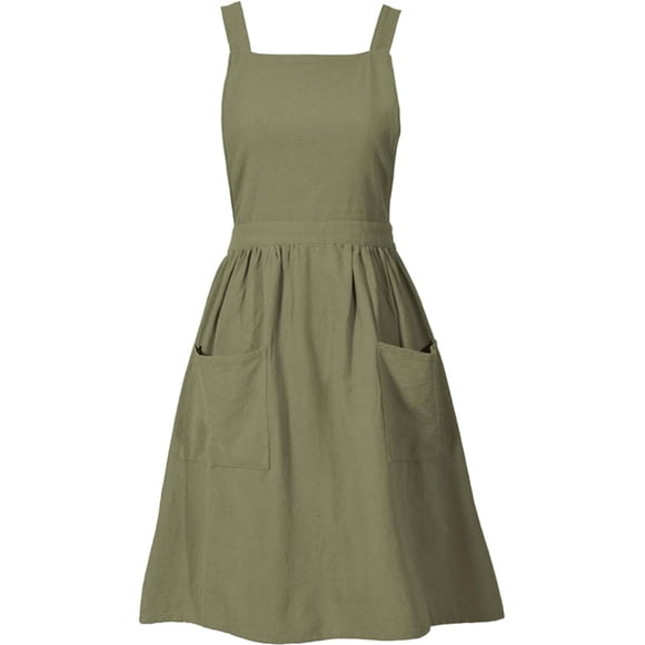 Cotton Linen Pinafore Apron Dress for Women with Pockets Cute Art Chef Aprons for Kitchen Baking Gardening Painting