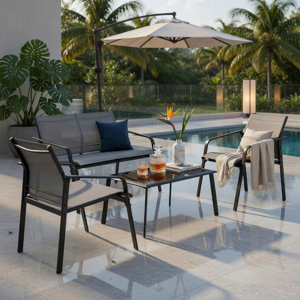 Hommoo 4-Piece Modern Outdoor Patio Furniture Set, Steel Frame with Tempered Glass Table, Loveseat & 2 Armchairs for Deck, Balcony or Backyard, Gray