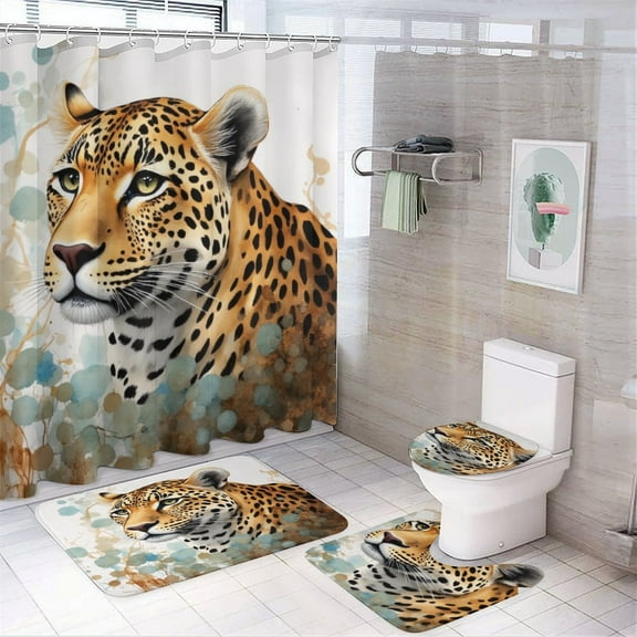Leopard with Abstract Background Shower Curtain Bathroom Sets Toilet Lid Rug, Bath Mat And Contour Mat, Shower Curtain 4Pcs