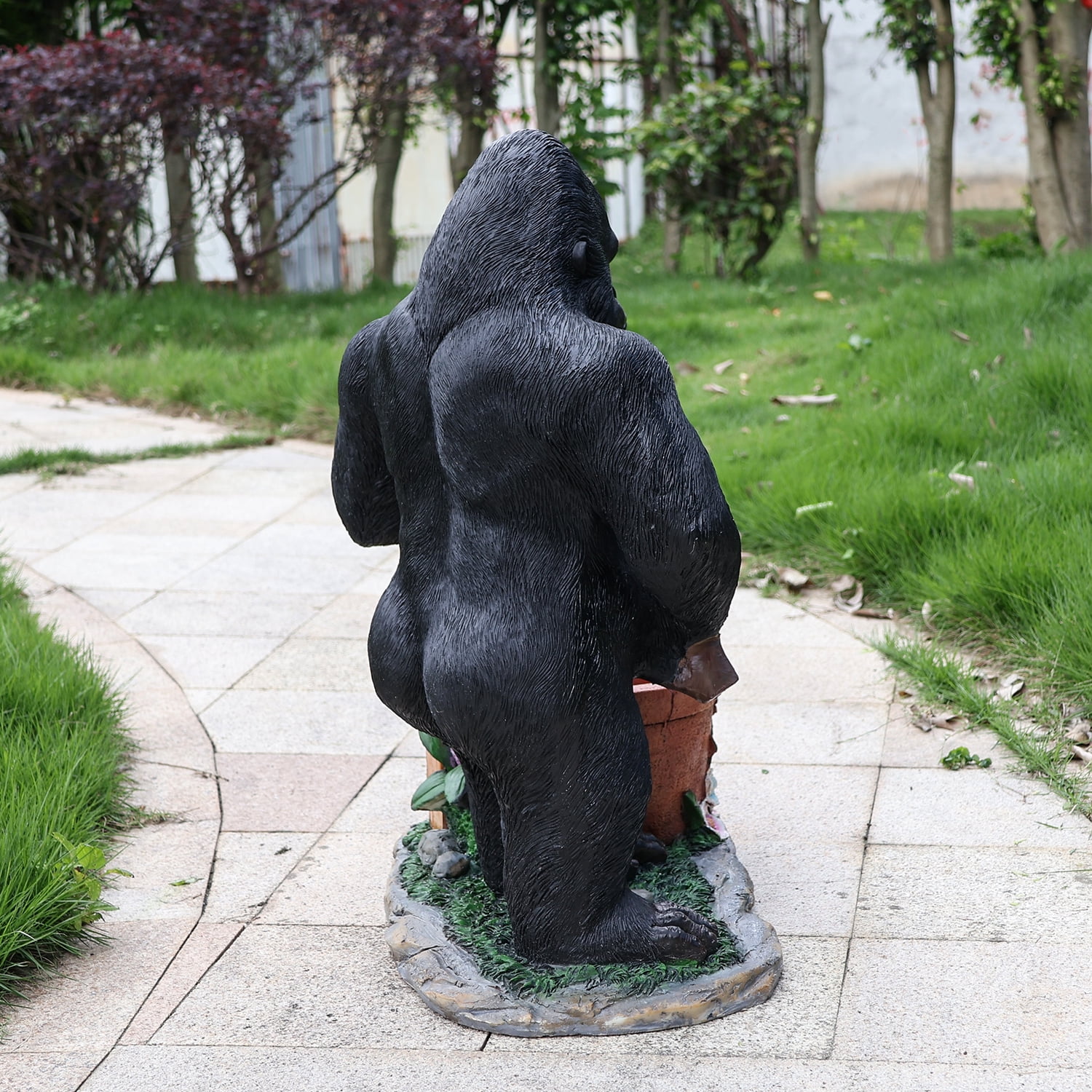 Outdoor Garden Chimpanzee Flower Pot Planter with Welcome Sign, Unique Yard Statue for Patio, Lawn, Garden, Wildlife Themed Decor, Black