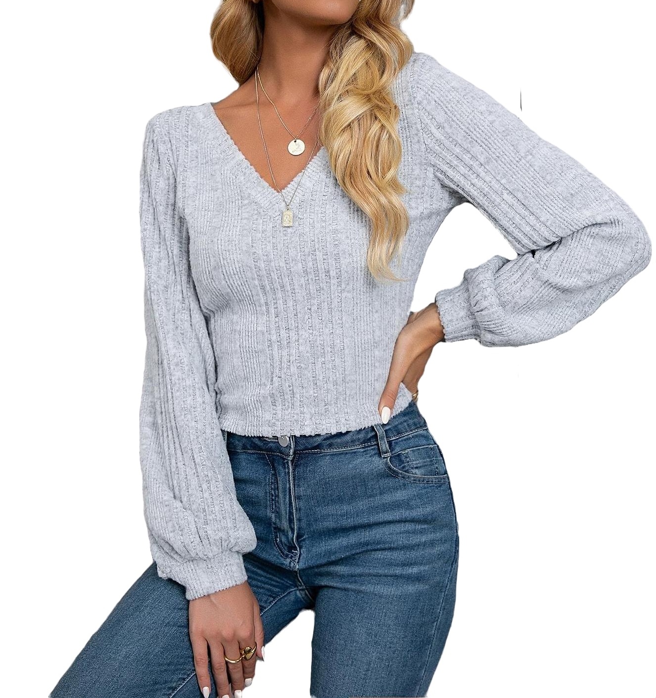 Women's TShirts Casual Solid V neck Light Grey M