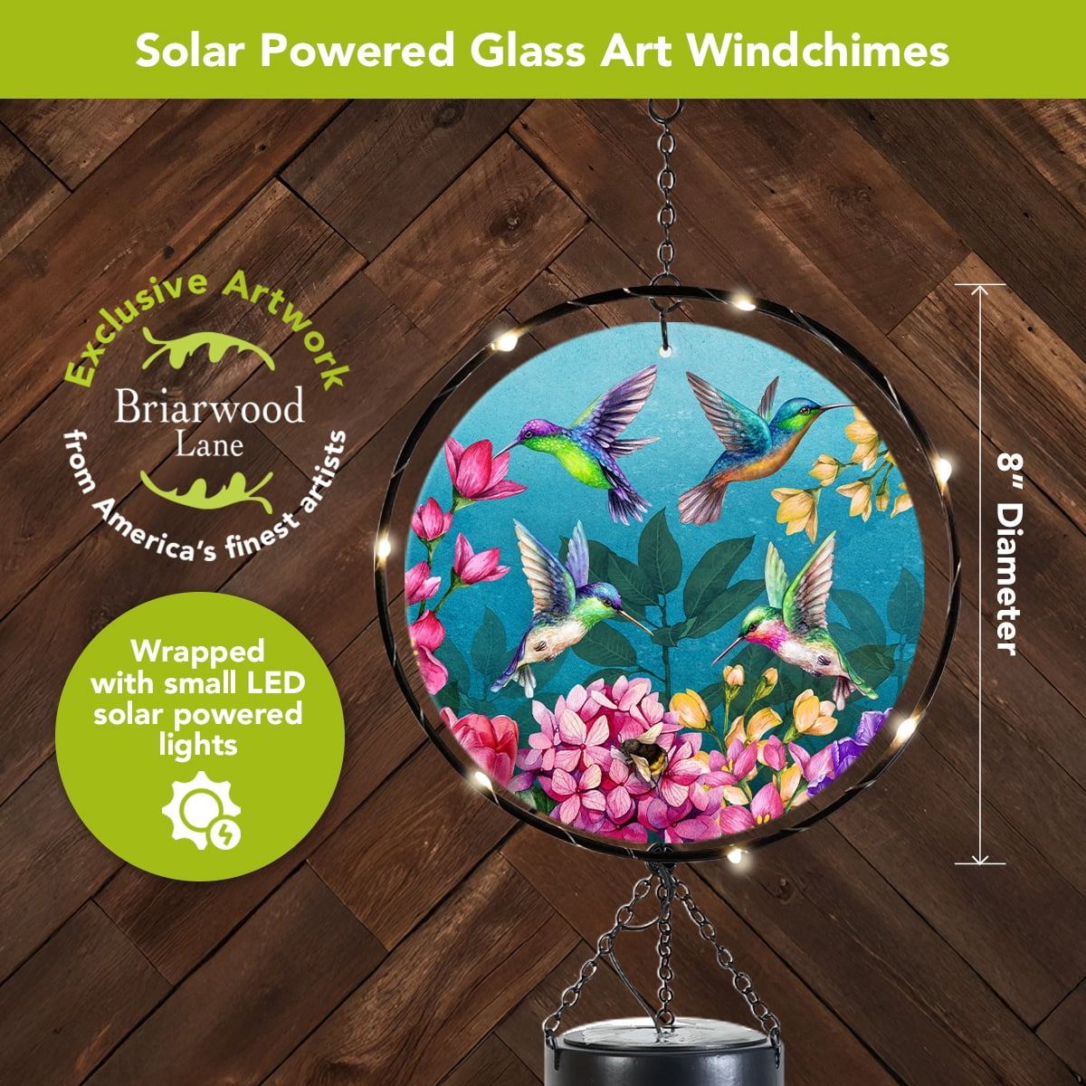 Briarwood Lane Spring LED Illuminated Solar Powered Glass Suncatcher  Wind Chime 37x8 Springtime Hummingbirds For Spring Wind Chime For Outdoors Melodic Metal Windchimes Wind-Chimes