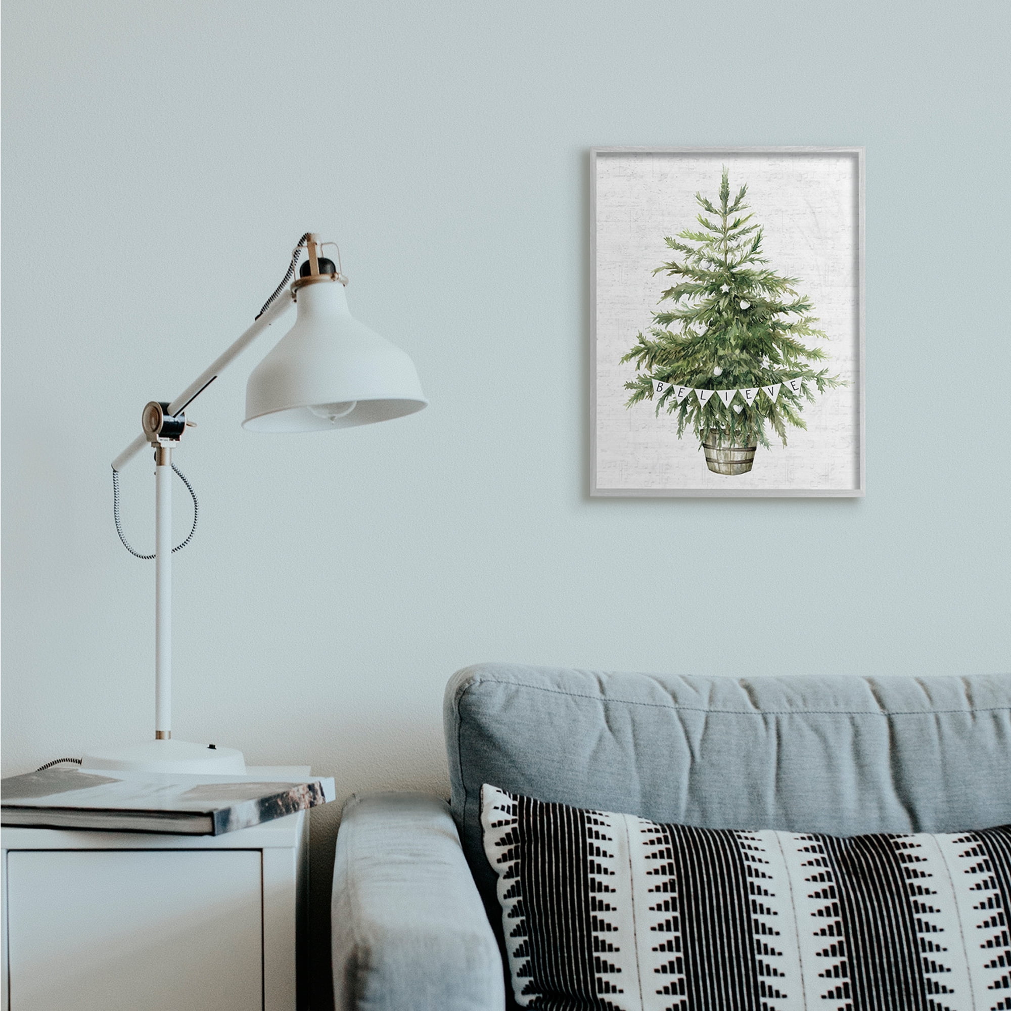 Stupell Industries Holiday Green Fir Tree with Believe Phrase Holiday Painting Gray Framed Art Print Wall Art, 16 x 20