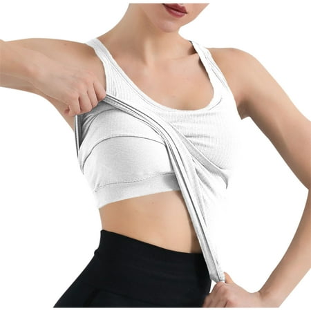 Spandex Rib Tank Top Built in Bra Women Sleeveless Racerback Padded Workout Yoga Tanks Casual Summer Clothes (Medium  White)