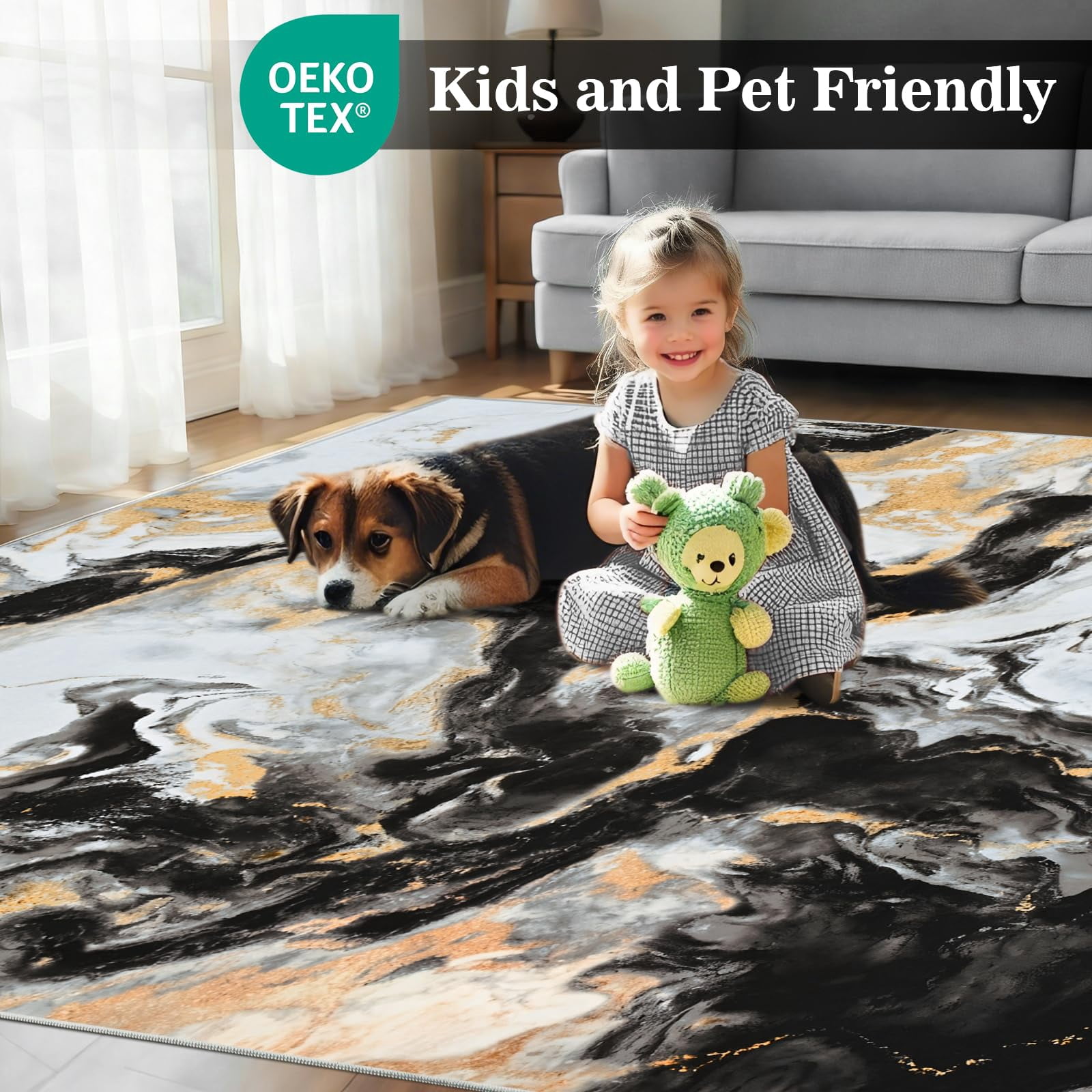 Bleum Cade 8'x10' Area Rugs for Living Room, Marble Black and Gold Abstract Rug,Modern Washable Rugs Low Pile Non Slip, Ultra Soft Faux Wool Non Slip Durable Large Carpet Home Decor